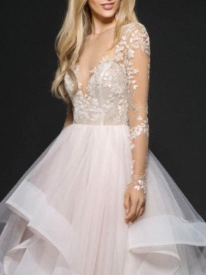 A-Line Wedding Dress V-Neck Lace Tulle Long Sleeve Bridal Gowns On Sale_2