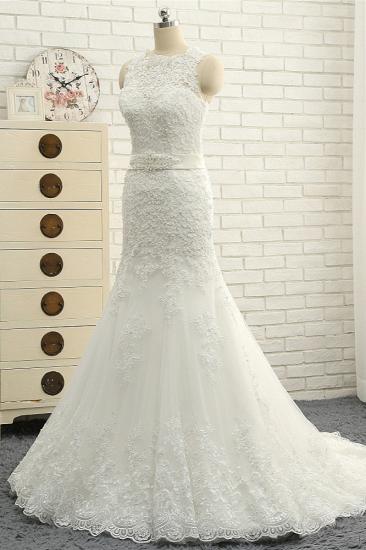 TsClothzone Stylish Jewel Sleeveless Mermaid Wedding Dresses White Lace Bridal Gowns With Appliques On Sale_4