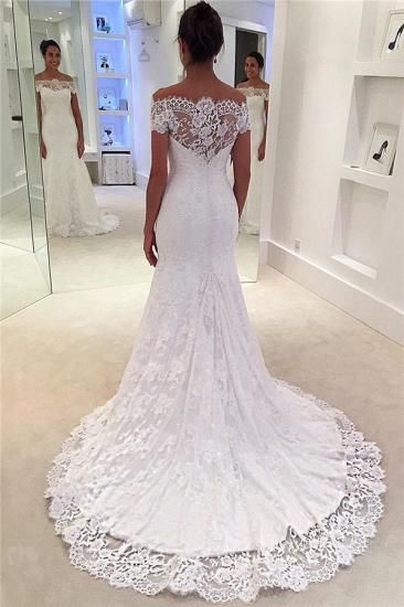 Short Sleeve Full Lace Wedding Dresses 2022 Cheap | Off The Shoulder Sheath Bridal Gowns with Court Train