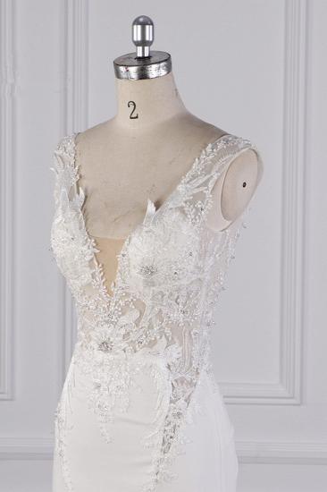TsClothzone Glamorous Mermaid Satin Sleeveless Wedding Dress White Lace Appliques Bridal Gowns with Beadings On sale_5