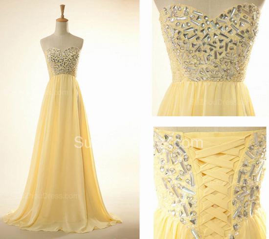 2022 New Arrival Sweetheart Yellow Long Prom Dress Rhinestones Chiffon Lace-Up Plus Size Gowns_4