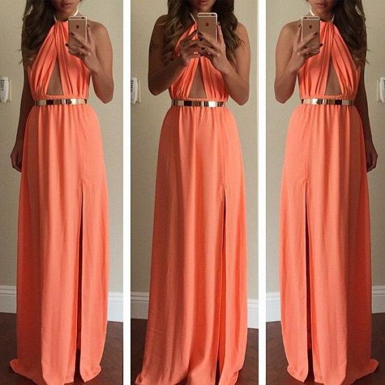 Halter Orange Chiffon Beach Evening Dress Gold Belt Side Slit Fitted Long Prom Gown for Summer_2