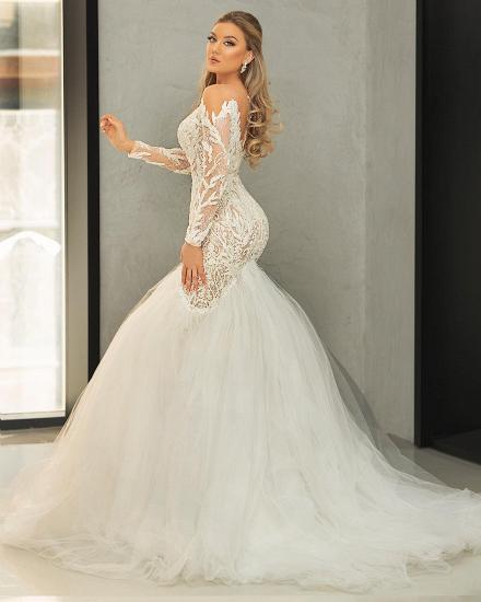Gorgeous Long Sleeves Slim Mermaid Bridal Gown Tulle Lace Appliques_2
