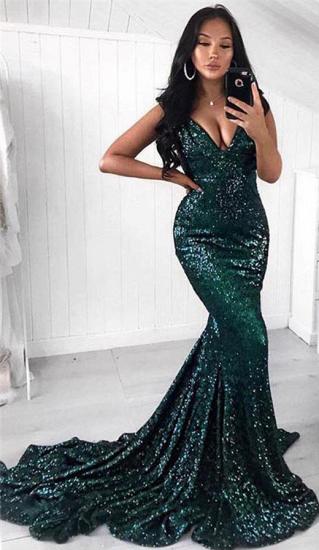 Sexy V-Ausschnitt glänzende dunkelgrüne Pailletten Abendkleider | Mermaid Court Train Günstige Ballkleider 2022_1