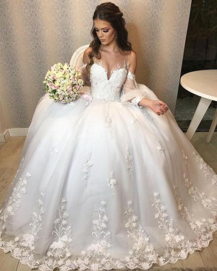Elegant Off Shoulder Bubble Sleeves  Aline Tulle Lace Wedding Dress for Women_8