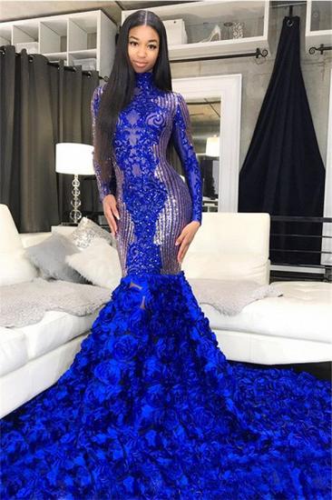 Sparkle Sequins Blue Flowers Fit and Flare Prom Dresses | Appliques High Neck Long Sleeve Evening Gowns_2