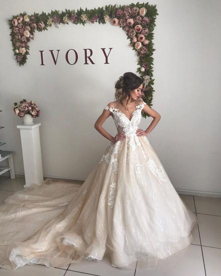 Ivory V-neck off-the-shoulder Princess Ball Gown Wedding Dress_3