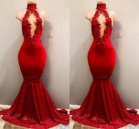 Newest Mermaid Red Lace High Neck Prom Dress | Red Prom Dress_4