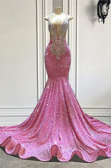 Chic Pink Sequined Sleeveless Straps Floor Length Beading Prom Dress_1