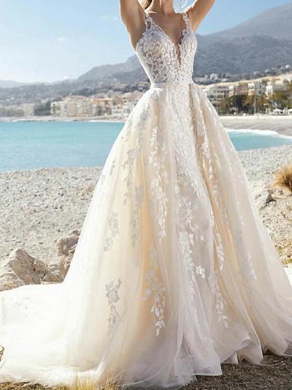 Sexy A-Line Wedding Dresses V-Neck Lace Tulle Sleeveless Bridal Gowns Formal See-Through Court Train_1