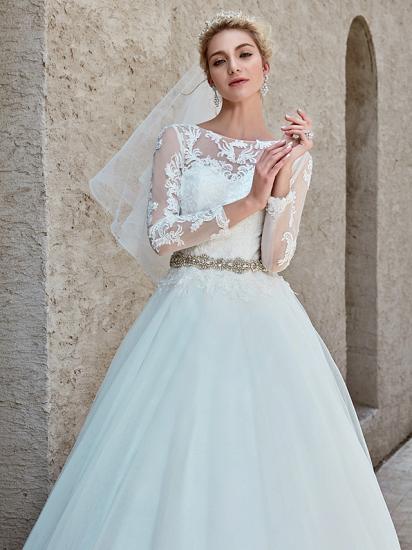 Beautiful Ball Gown Wedding Dress Bateau Lace Tulle Long Sleeves Bridal Gowns with Chapel Train_13