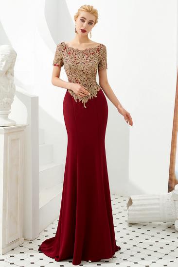 Hilary | Custom Made Short sleeves Burgundy Mermaid Prom Dress with Gold Lace Appliques_8