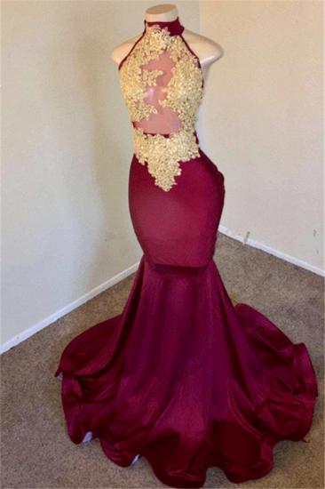 Mermaid Burgundy High-Neck Applique Sleevless Prom Dresses_2