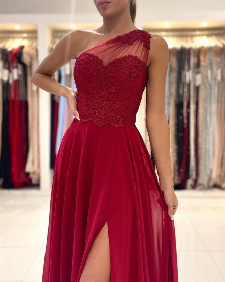 One-shoulder red ball gown with floor-length sleeveless dress and front slit_3