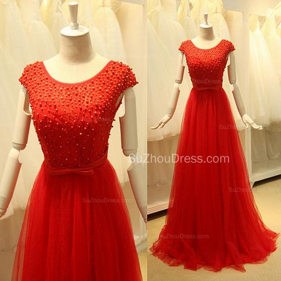 Short Sleeve Red Tulle Lace Long Prom Dresses with Beadings Open Back Elegant Designer Zipper Custom Dresses for Juniors_3
