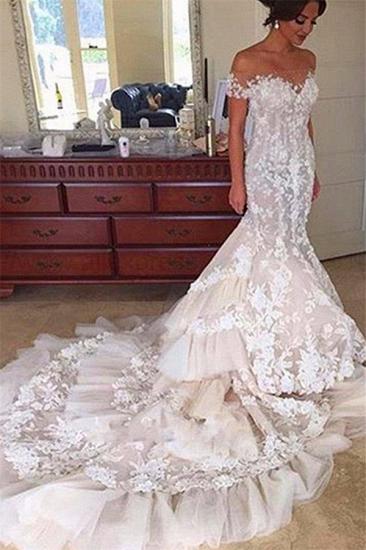 Mermaid Appliques Buttons Tulle Off-the-Shoulder Tiered Elegant 2022 Wedding Dress