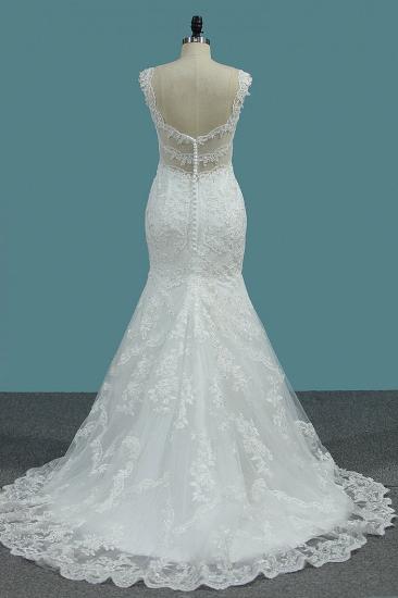 TsClothzone Elegantes Meerjungfrau-Hochzeitskleid mit V-Ausschnitt, Tüll, weiße Spitzenapplikationen, Perlenstickerei, Brautkleider Online_3