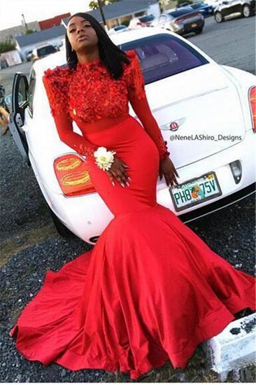 Mermaid Beading Appliques Red Prom Dress | Lace Long Sleeve Cheap Evening Gowns_1