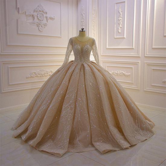 Glänzendes Duchesse-Tüll-Juwelen-Hochzeitskleid mit langen Ärmeln und Rüschen_10