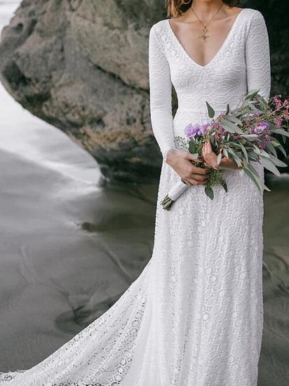 Boho Sexy Backless A-Line Wedding Dress V-neck Lace Long Sleeve Bridal Gowns with Sweep Train_3
