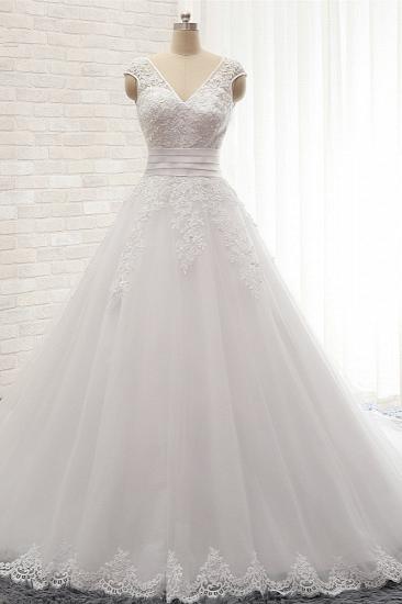 TsClothzone Affordable V-Neck Tulle Lace Wedding Dress A-Line Sleeveless Appliques Bridal Gowns with Beadings Online