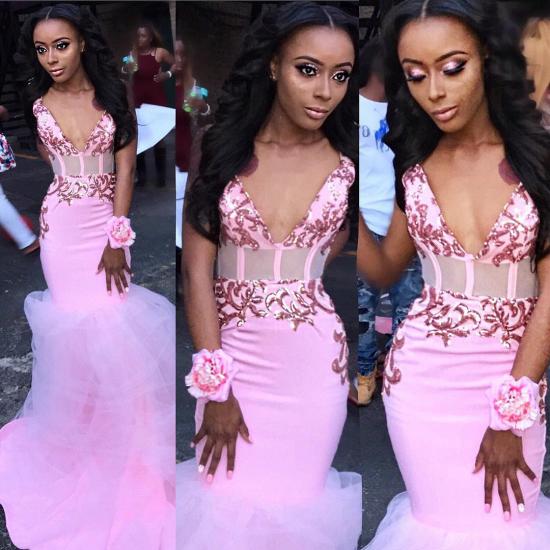 Spaghetti Straps Sexy V-neck Pink Prom Dresses | Tulle Mermaid Appliques Cheap Evening Gowns Online_2