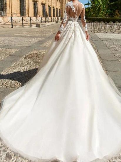 Formal A-Line Wedding Dress Jewel Lace Tulle Long Sleeve Sexy See-Through Bridal Gowns with Court Train_2