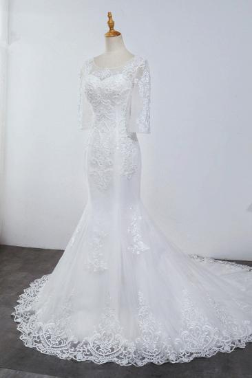 TsClothzone Elegant Jewel 3/4 Sleeves Mermaid White Wedding Dress Tulle Lace Appliques Beadings Bridal Gowns On Sale_4