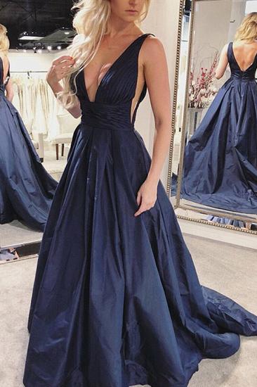 Sexy Deep V Neck Navy Blue Prom Dress | Charming Sleeveless Ruffles Long Prom Gown_1