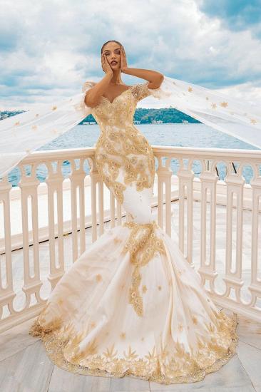 Mermaid Wedding Gowns Gold Appliques Half Sleeve Cape_2