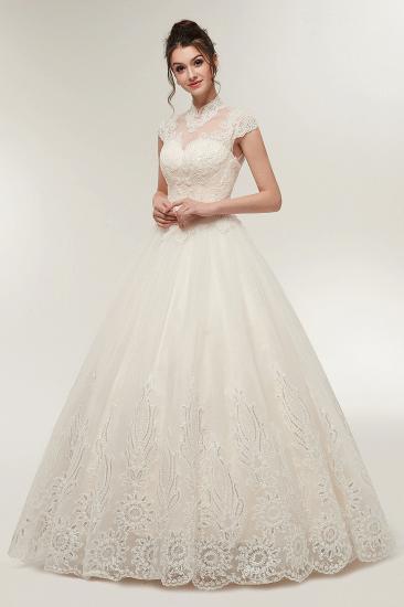 YOLANDE | A-line High Neck Short Sleeves Long Lace Appliques Wedding Dresses with Lace-up_4
