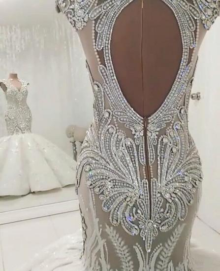 Neue Ankunft V-Ausschnitt Flügelärmeln Perlen Kristalle Meerjungfrau Hochzeitskleid SpitzeApplique_5