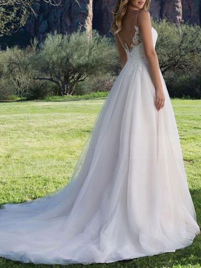 Simple V Neck Tulle Ivory Sleeveless Lace A-Line Wedding Dresses_2