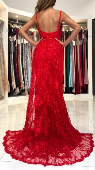 Stunning V-Neck Red Lace Appliques Mermaid Evening Gown_3