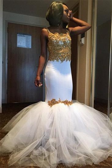 Gold Lace Appliques Prom Dresses 2022 | Sheath Puffy Tulle Straps Evening Dress Sexy_2
