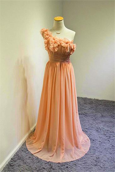 A-line One Shoulder Chiffon Applique Prom Dress Ruffled Sweep Train Lovely Evening Gowns with Flowers
