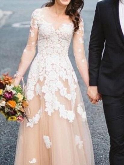 Sexy See-Through A-Line Wedding Dress Jewel Lace Tulle Long Sleeve Bridal Gowns Sweep Train_3