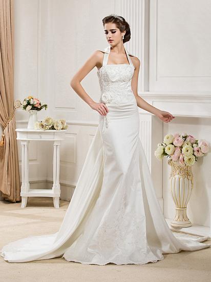 Affordable Mermaid Halter Wedding Dress Satin Sleeveless Bridal Gowns with Court Train