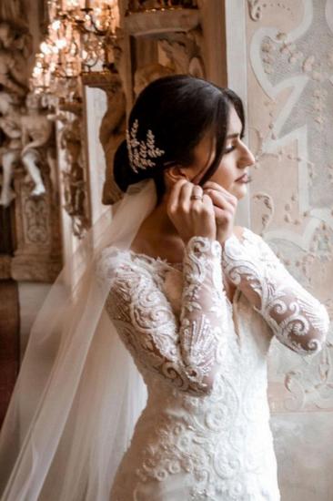 Langärmliges Spitzen-Hochzeitskleid im Meerjungfrau-Stil mit Kapellenschleppe_2