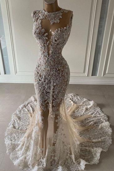 Sequined Floral Lace and Floor Beaded Wedding Dress_1