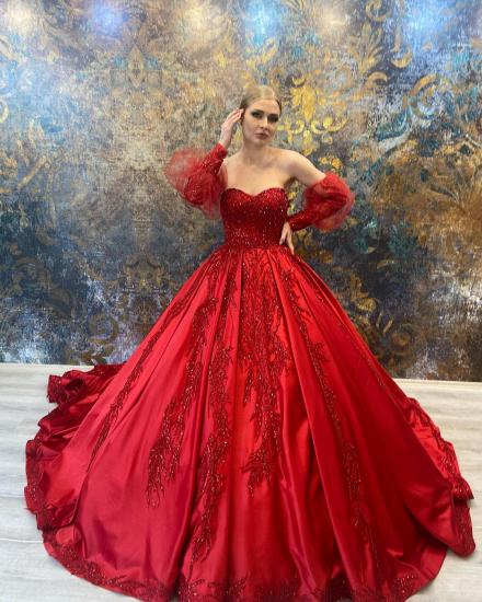 Amazing Red Sweetheart Sleeves Ball Gown with Floral Appliques_3