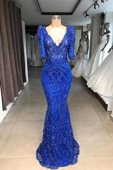 Royal blue Beaded Lace appliques 1/2 sleeve Mermaid Prom Dress