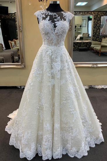 TsClothzone Chic Ivory Lace Round Neck Long Wedding Dress Cap Sleeve Sweep Train Bridal Gowns On Sale