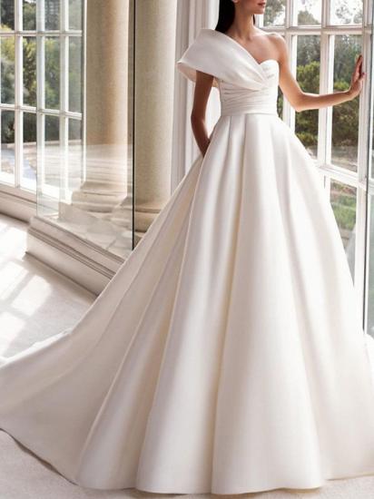 Simple A-Line Wedding Dress One ShoulderSatin Short Sleeves Bridal Gowns with Sweep Train