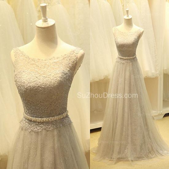Formal Long Tulle Grey Lace Dresses For Juniors A Line Zipper Fashionable Floor Length Prom Dresses with Belt_3