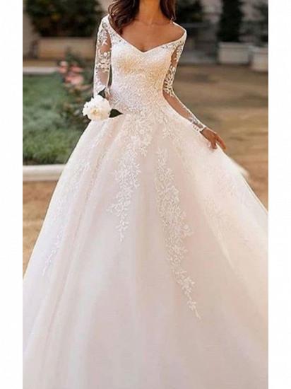 Affordable A-Line Wedding Dress Bateau V-neck Lace Tulle Long Sleeve Bridal Gowns with Court Train