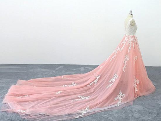 TsClothzone Chic Peach Pink Tulle Lace Wedding Dress Cathedral Train Bridal Gowns On Sale_4
