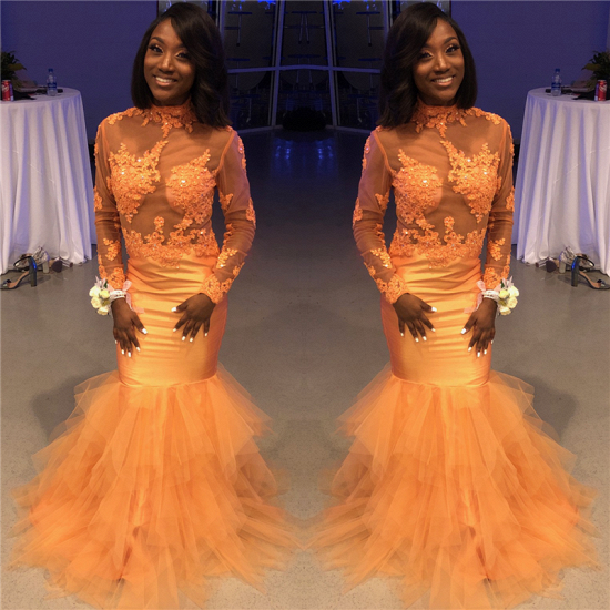 Long Sleeve Lace Appliques Orange Prom Dress Cheap | Mermaid Tullw Sheer Tulle Prom Dress Online_3