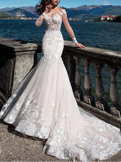 Formal Mermaid Jewel Wedding Dress Lace Tulle Long Sleeve Sexy See-Through Bridal Gowns with Court Train