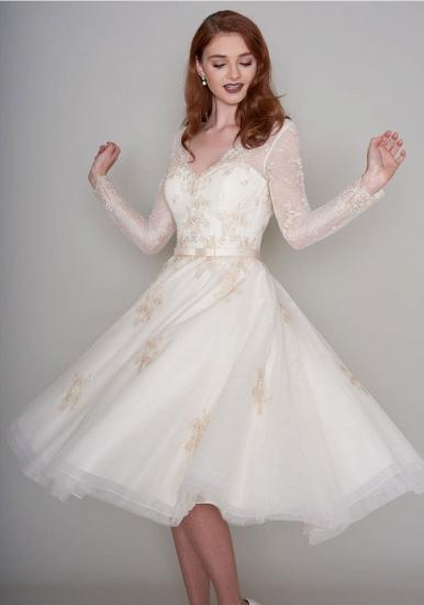 Long sleeves V-neck Ivory Short Lace Summer Wedding Dress_4